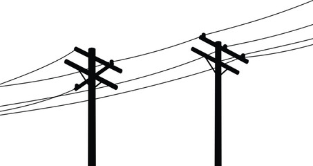 Electric power poles vector, curved utility wires design, telecommunication infrastructure, black silhouette illustration, minimal line art on white