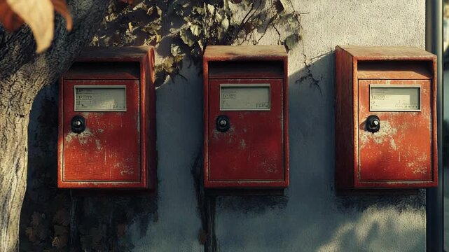 Three red mailboxes hanging on a weathered wall in the evening