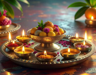 Traditional Indian Pooja Thali with Lit Diyas, Fresh Fruits, Sweets, and Floral Offerings