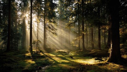 Obraz premium Sunlight streams through a dense forest (2)