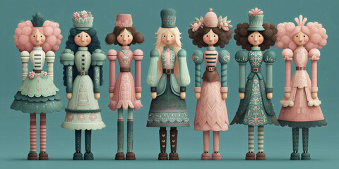 Whimsical wooden nutcracker dolls with curly hair and elaborate period costumes in sage green and dusty pink color palette arranged in row against teal background