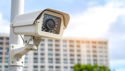 Outdoor Security Camera with Protective Housing Monitoring Urban Area
