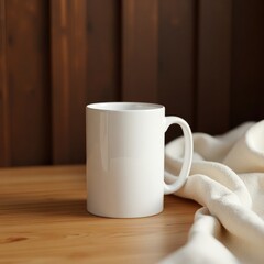 Fototapeta premium Mug mockup a white mug sitting on a wooden table with a white cloth next to it in soft morning light