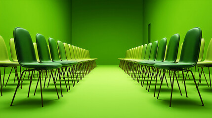 Rows of modern green plastic chairs with black metal legs arranged symmetrically in bright lime green monochromatic room.