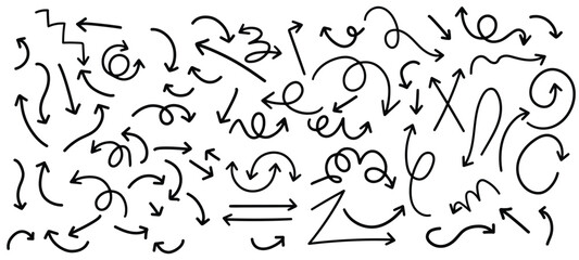 Hand drawn arrow set black sketch style various directions curved straight playful creative isolated on transparency background