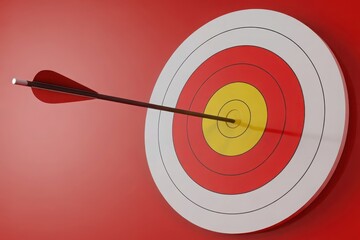 Arrow hitting the bullseye symbolizes achieving business goals and marketing success with a winning strategy for ultimate competitive advantage