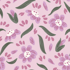 Hand painted flowers, leaves and petals carried away by the wind, forming a floral botanical pattern in colors of purple and lilac and green on pink background. Seamless vector pattern.Great for homes