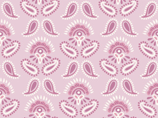 Ethnic hand painted paisleys and dots forming an abstract maximalist pattern in colors of purple, lavender, lilac and off white on pink background. Folksy seamless vector pattern. Great for home decor