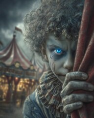 Boy with bright blue eyes and curly hair peering through wooden bars, carnival circus background,  dark fantasy gothic atmosphere with dramatic lighting.