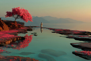 Solitary person in robes standing beside tranquil turquoise mountain lake surrounded by vibrant red cherry blossom trees and rocky cliffs during serene sunset with perfect water reflections.