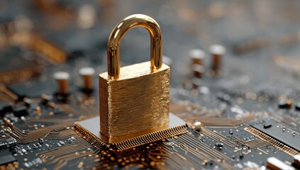 Golden padlock atop a circuit board