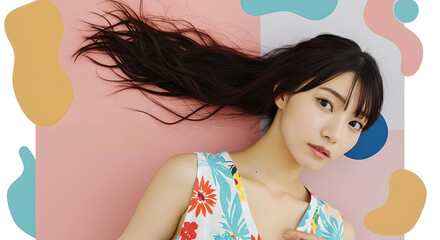 抽象的でカラフルな背景に映えるフラワーパターンの夏ワンピースとなびく髪が印象的な女性モデルによる限定版サマーファッションラインのアート風広告ビジュアル - 生成AI