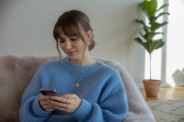 Young woman relaxing, checking social media on her phone in a cozy chair at home, enjoying downtime, sweater weather, modern living, trending lifestyle