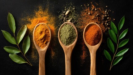 Wooden spoons filled with various colorful spices, surrounded by fresh green leaves on a dark surface