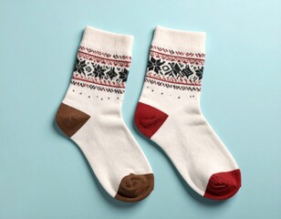 Pair of white knitted socks with traditional fair isle snowflake pattern in red and black with colored heels and toes