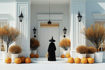 Minimalist Halloween front porch with witch black lanterns orange pumpkins white colonial home entrance autumn seasonal display.