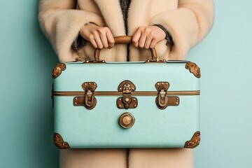 Woman in fur coat holding vintage mint green suitcase with brown leather trim and brass hardware, matching background creating luxurious travel fashion concept.