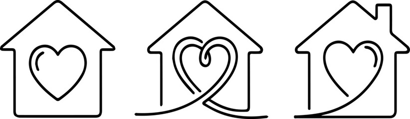 Home with Heart Line Art Icons Set | Minimalist Outline Design for Real Estate, Family, Charity and Love Concepts