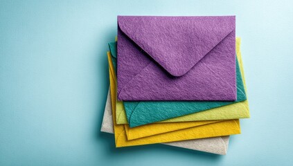 Stack of colorful envelopes on a pastel blue background © Neni