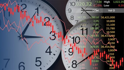 Down stock market time icon vector for financial decline, bearish trends, and investment loss visuals. Ideal for risk alert, economic drop, crisis charts, and financial planning themes.