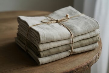 Elevate your dining experience with this stack of elegant linen napkins tied with rustic twine for a touch of understated luxury