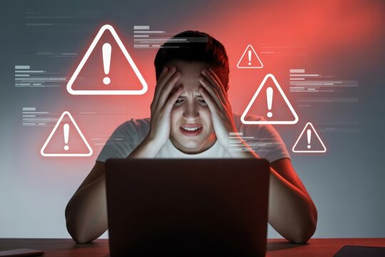 Stressed woman overwhelmed by cybersecurity threats and online risks on laptop, facing urgent warnings and system failures at night