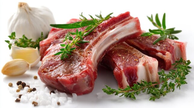 Three raw lamb chops seasoned with salt, peppercorns, garlic, and fresh thyme and rosemary sprigs, isolated on a white background - Powered by Adobe