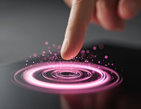 Finger touching a glowing, circular interface