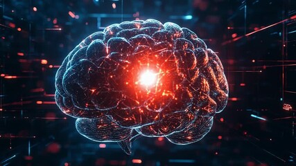 Artificial intelligence brain glowing inside digital server room - Powered by Adobe