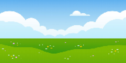 Fototapeta premium Cute summer landscape in pixel art style. Green flat scenery with cloud sky, meadow and flowers.