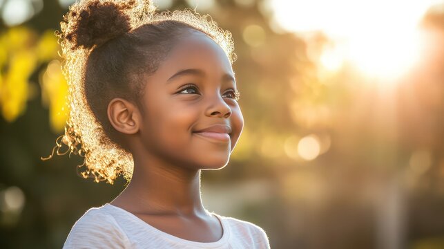 A little girl smiling in a good weather condition in the morning with sunshine be hide her