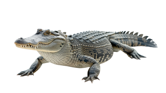 Crocodile resting on river edge in side pose with bumpy skin and open jaw, wild reptile photo on white background, 4k image