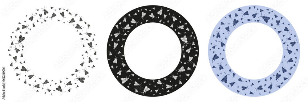Poster round moth frames set. black, white and colorful circle border made of moth insect.