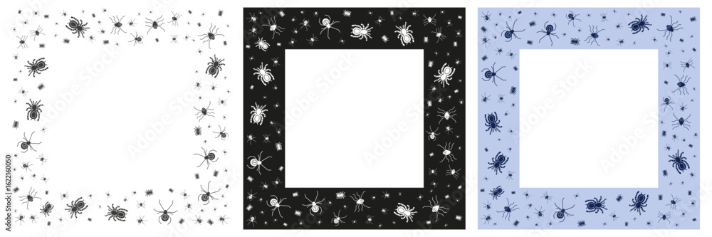 Poster spider frames set. black, white and colorful square border made of insect.