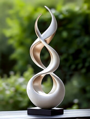 Elegant White and Gold Twisted Sculpture on Black Base with Outdoor Background