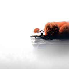Lonely House on Cliff with Autumn Trees and Misty Background