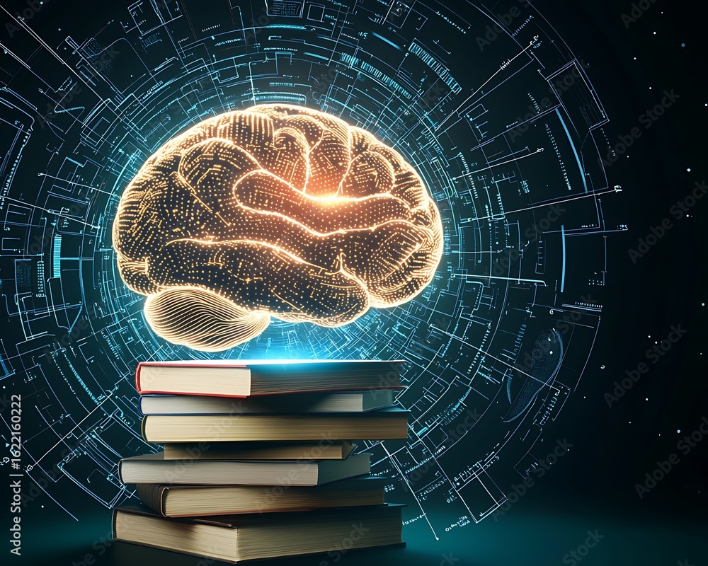 Aufkleber intelligence insight analytics data cognition learning concept, digital brain over books with futuri