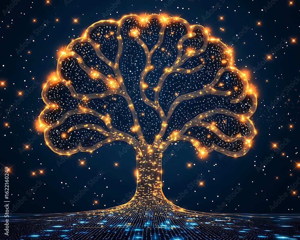 Poster intelligence insight analytics data cognition learning concept, illuminated tree with digital lights