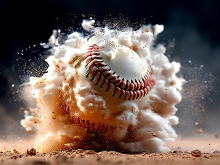 Baseball in Motion Creating Explosive Dust Cloud on Dirt Field