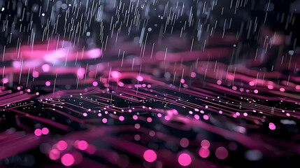 Abstract Rainfall with Pink and Purple Circuitry Design on Dark Background