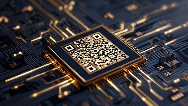 Golden QR code on a circuit board.  Close-up view