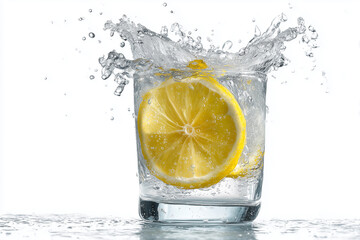 Fresh Lemon Slice Splashing into Water Glass on White Background