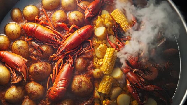Boiling crawfish with baby potato and corn on cob in large pot creates spicy seafood meal steaming hot with rich flavors and vibrant textures during cooking process
