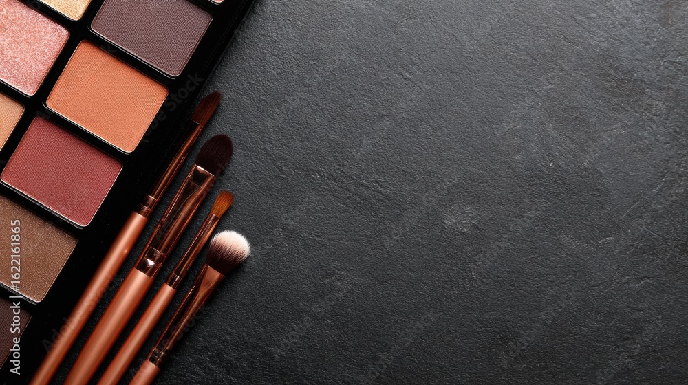 Poster elegant eyeshadow palette featuring soft brushes on a sleek matte surface with ample space for creat
