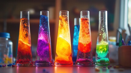 A colorful project with kids creating lava lamps using oil, water, and fizzing tablets from their science kits
