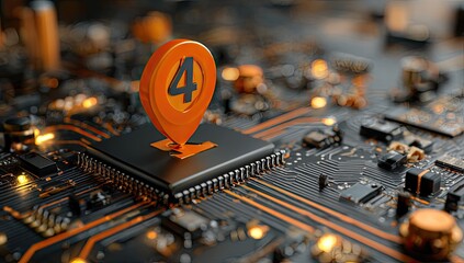 Orange location pin atop a central processing unit (CPU) chip on a circuit board