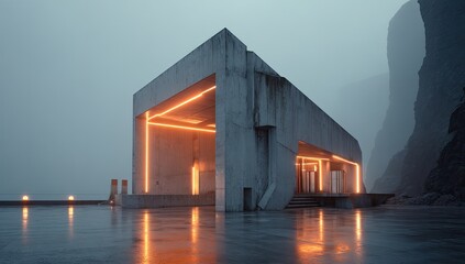 Fototapeta premium A modern, concrete structure bathed in warm orange light, perched on a misty, rocky shoreline