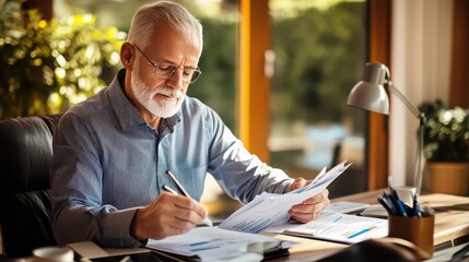 Senior man reviewing documents at his desk with a lamp and pens in a home office setting