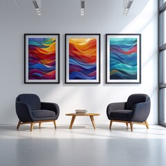 Three framed abstract art pieces, depicting layered, flowing color waves, hung on a wall in a modern waiting area