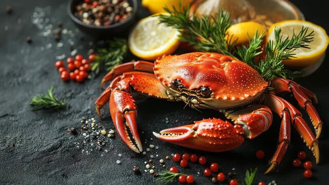 Cooked crab with lemon slices fresh rosemary peppercorn red berry vibrant seafood shellfish marine spices colorful appetizing presentation on dark surface